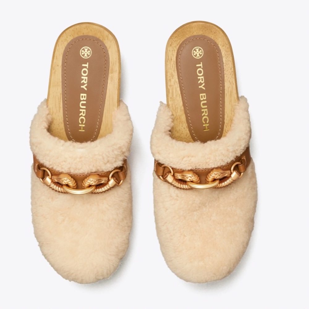 TORY BURCH JESSA SHEARLING CLOG IN BUTTERMILK AND ROYAL TAN MADE IN BRAZIL 8
